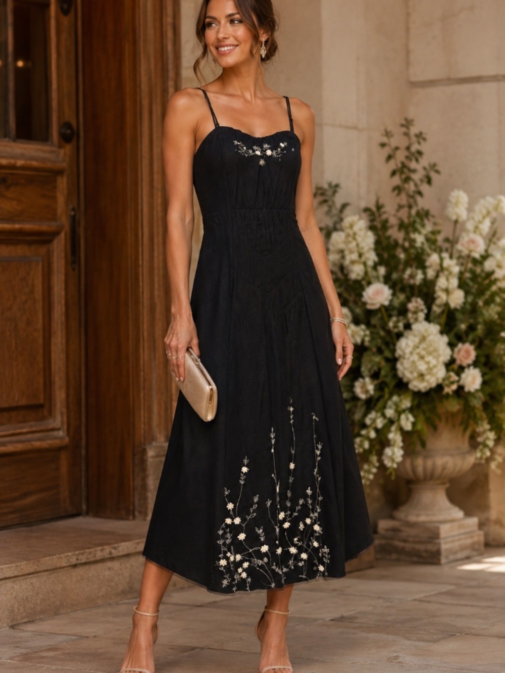 RW&CO black dress size 0 babydoll cotton poplin crochet floral wedding guest